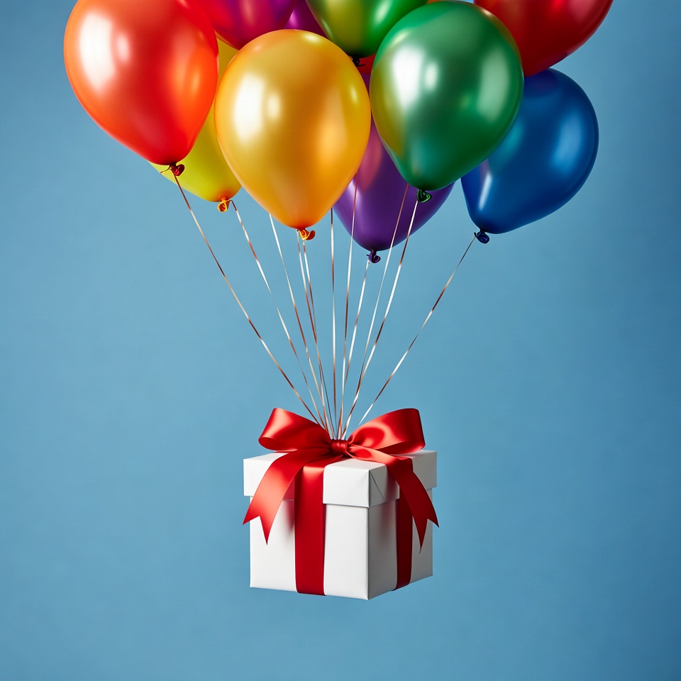 Colorful Balloons Lifting White Gift Box Colorful Balloons Lifting White Gift Box