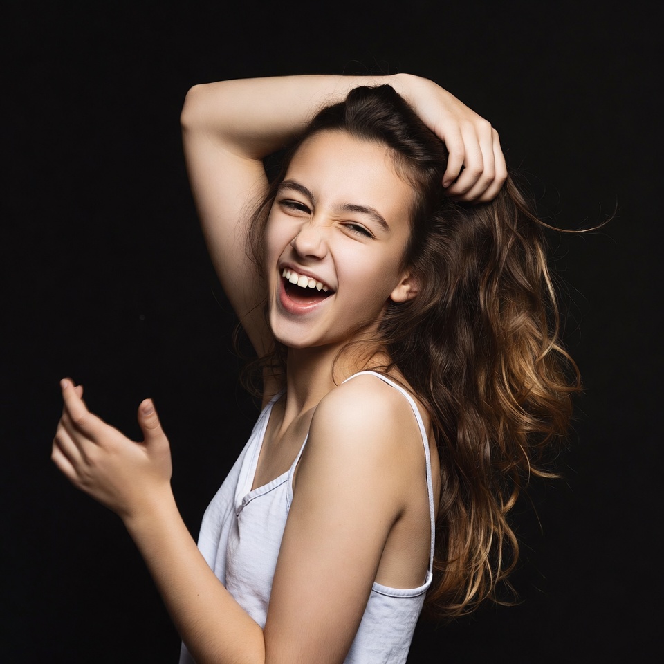 Teen girl laughing with hand in hair Teen girl laughing with hand in hair