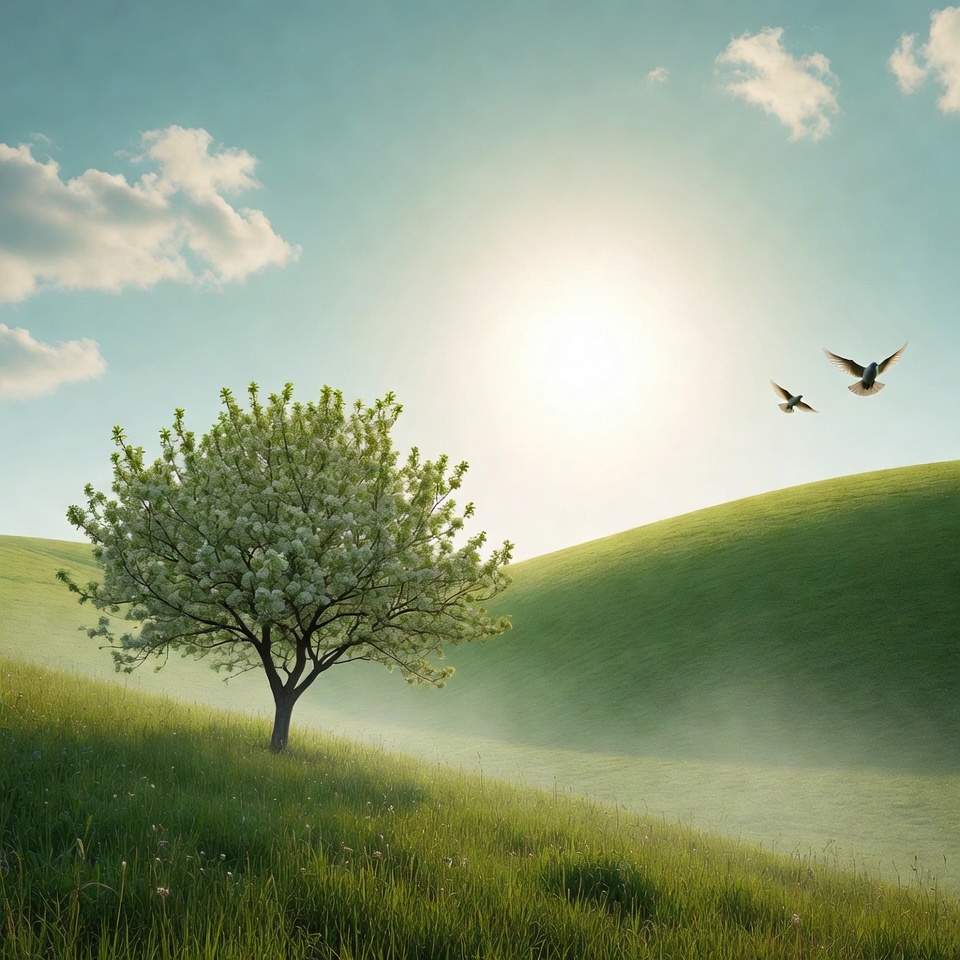 Blossoming Tree with Birds over Green Hills Blossoming Tree with Birds over Green Hills