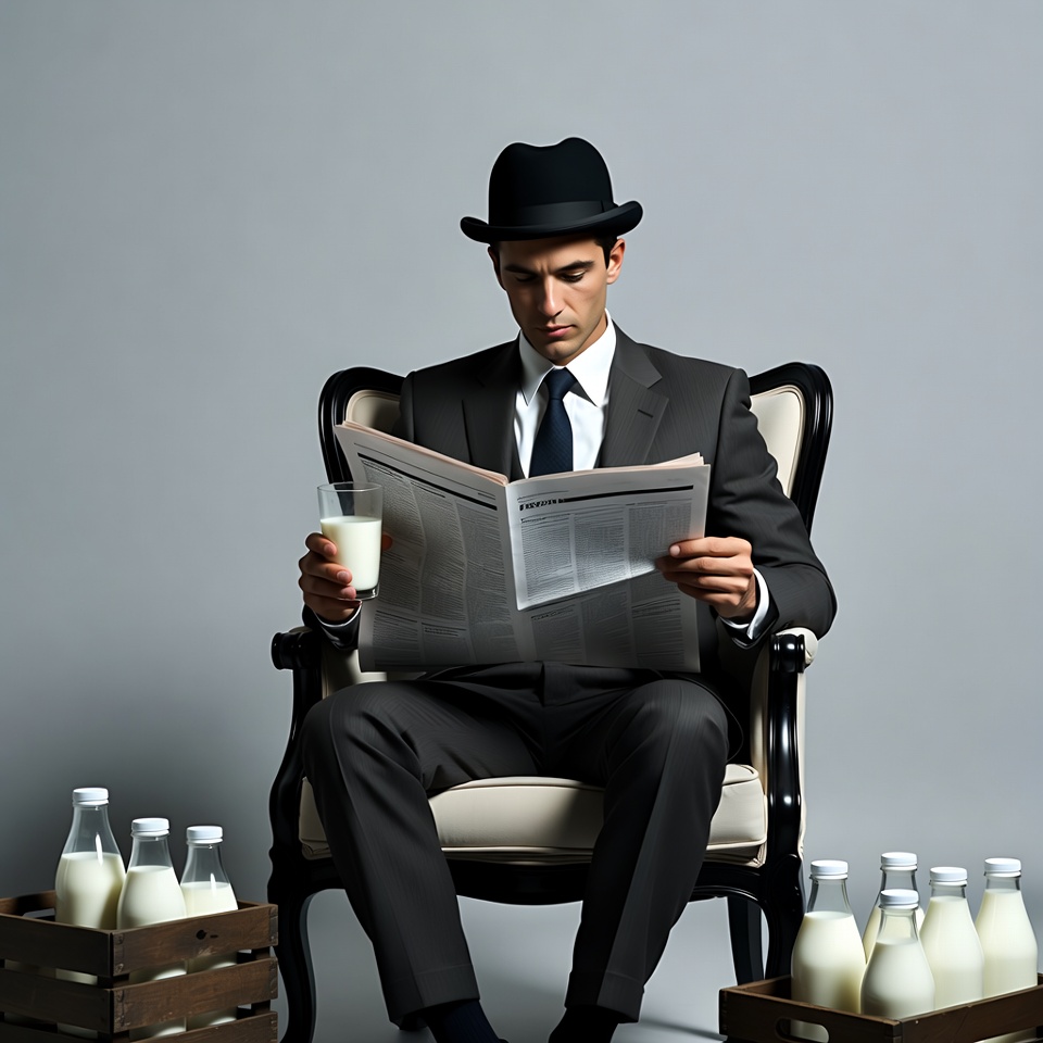 Man in suit reading newspaper with milk Man in suit reading newspaper with milk