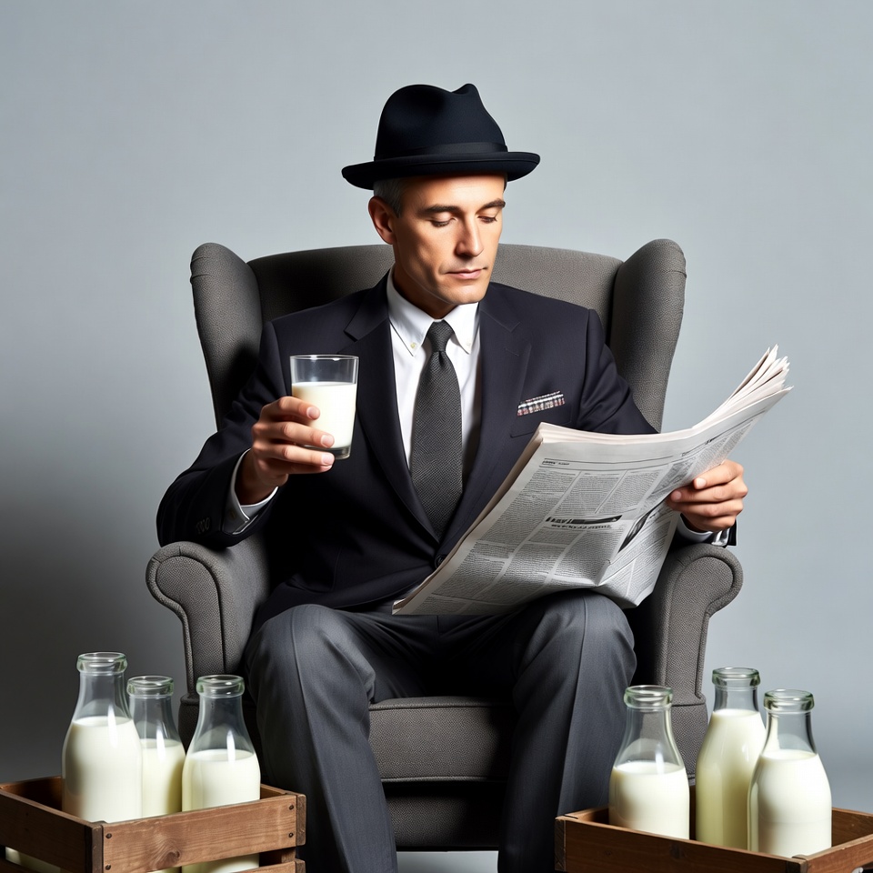 Man in suit reading newspaper with milk Man in suit reading newspaper with milk