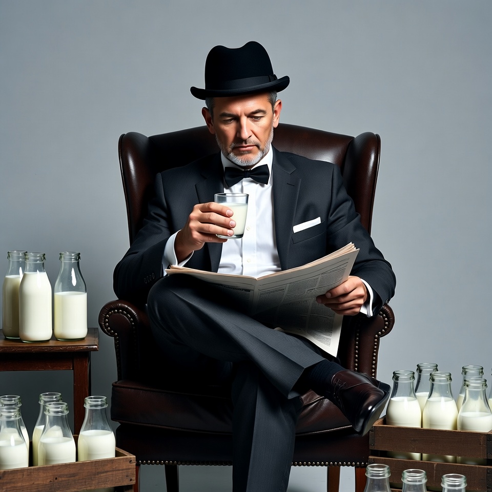 Man in tuxedo reading newspaper with milk Man in tuxedo reading newspaper with milk