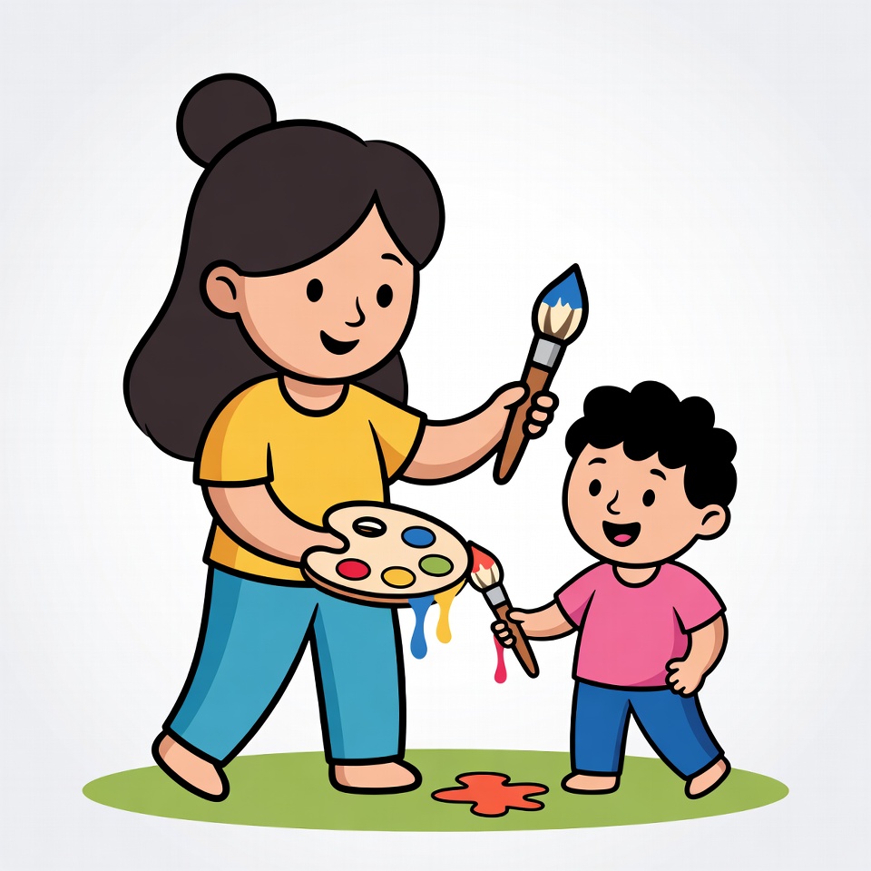 Mother teaching boy to paint Mother teaching boy to paint