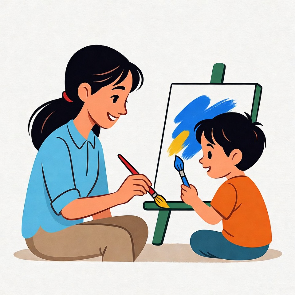 Mother and son painting together Mother and son painting together
