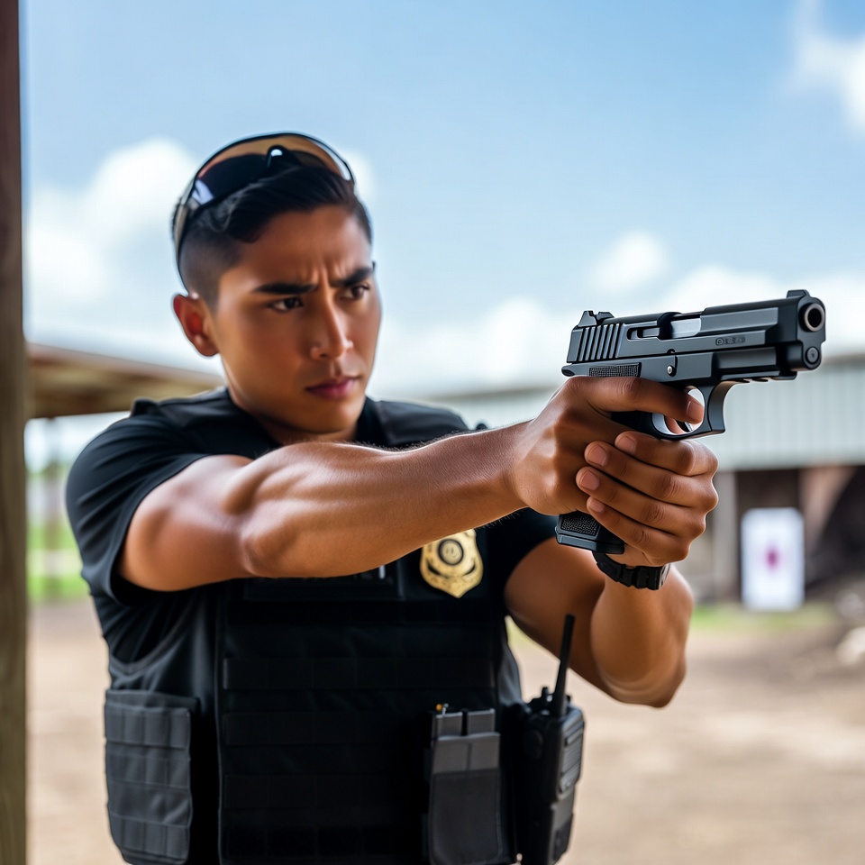 Latino police officer aiming pistol Latino police officer aiming pistol