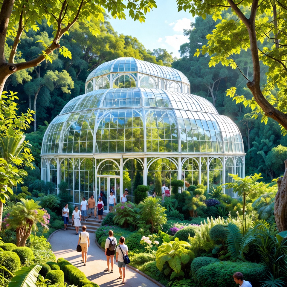 Glass Greenhouse in Lush Garden with Visitors Glass Greenhouse in Lush Garden with Visitors
