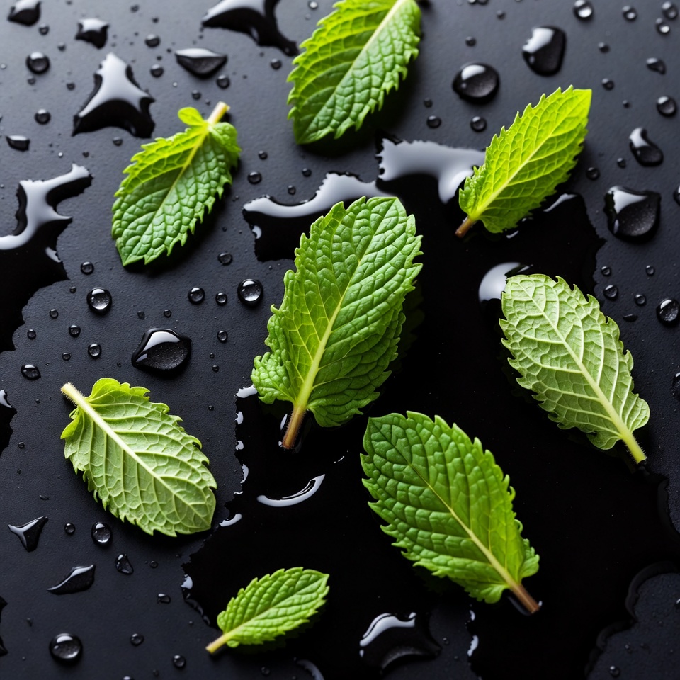 Fresh Mint Leaves on Black Wet Surface Fresh Mint Leaves on Black Wet Surface
