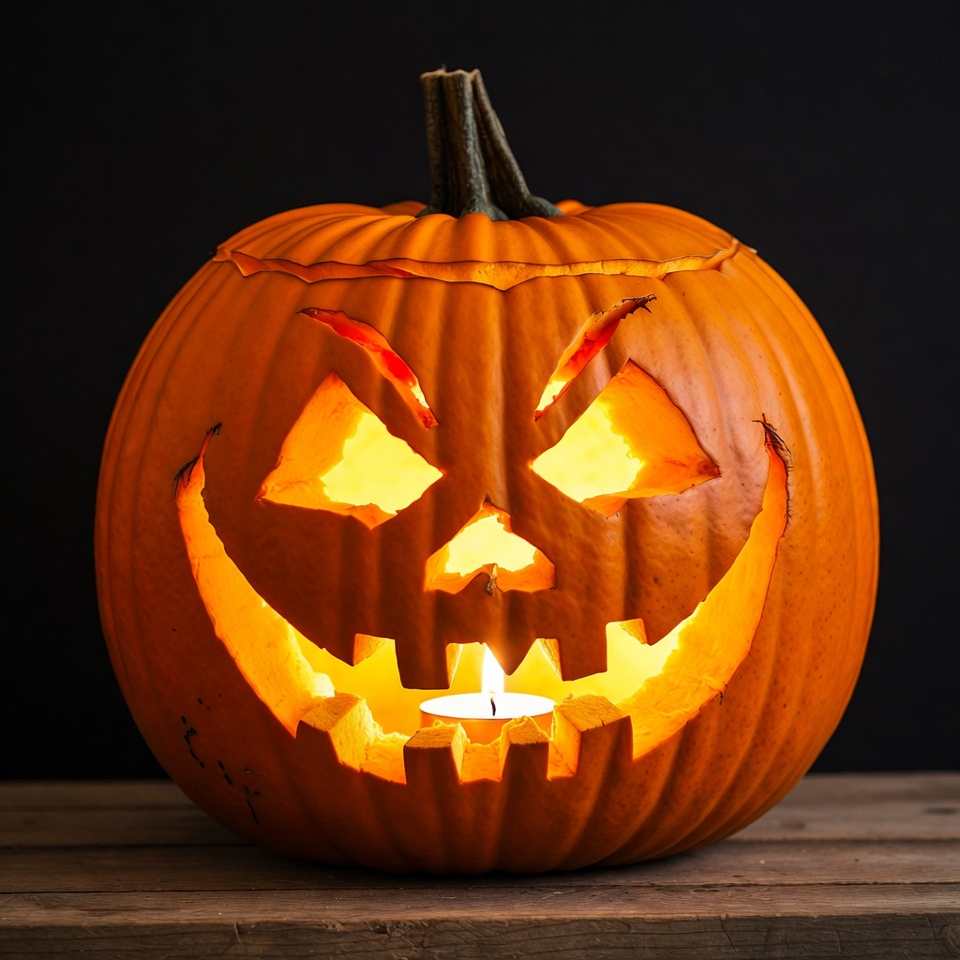 Lit Jack-o'-lantern on wooden surface Lit Jack-o'-lantern on wooden surface
