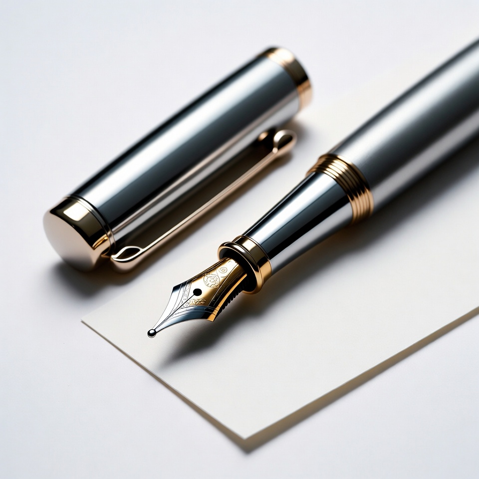 Silver fountain pen on white paper Silver fountain pen on white paper
