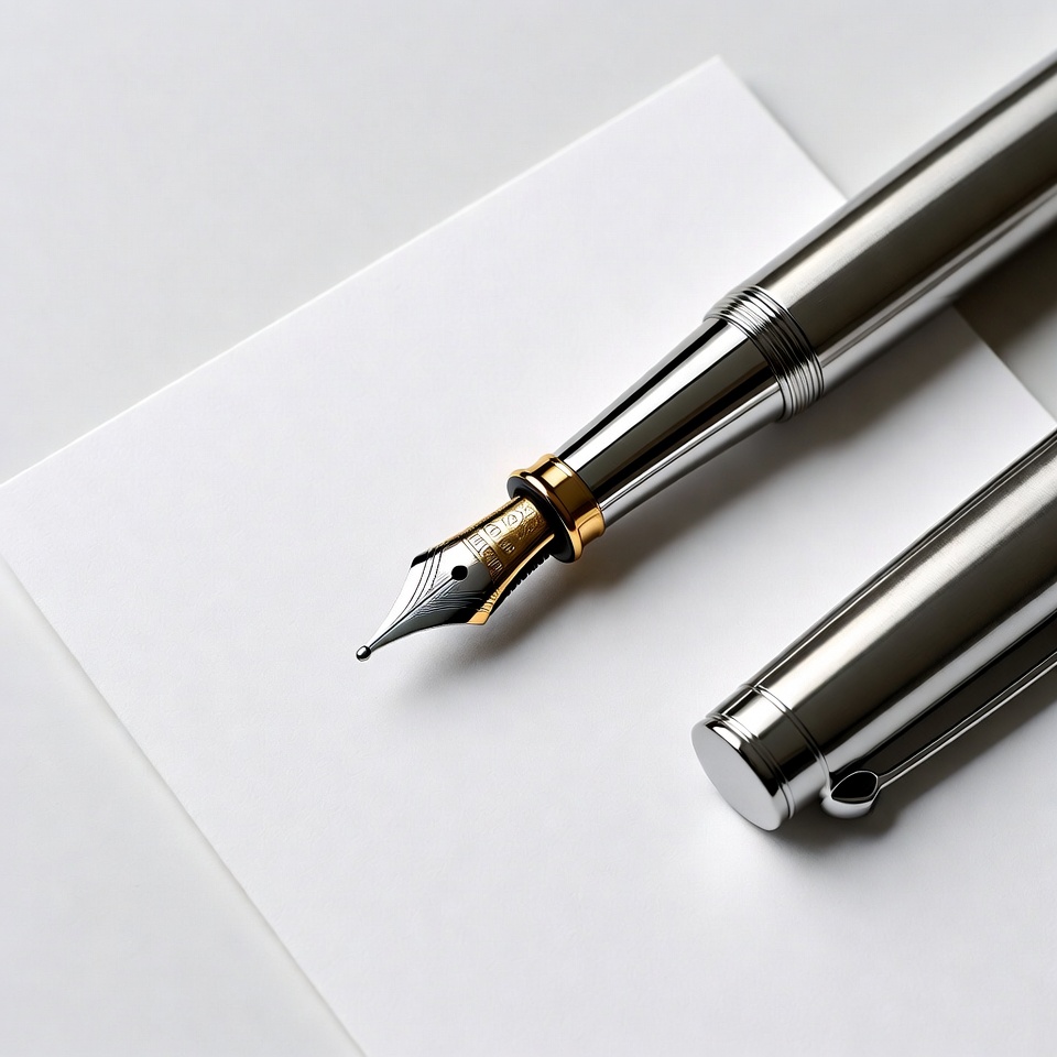 Silver Fountain Pen on White Paper Silver Fountain Pen on White Paper
