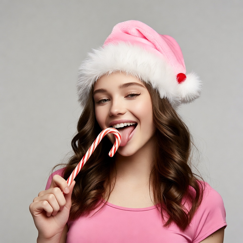 Girl licking candy cane in pink Santa hat Girl licking candy cane in pink Santa hat