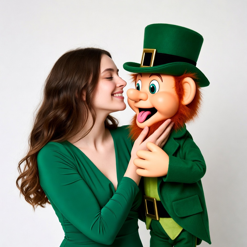 Woman hugging leprechaun puppet Woman hugging leprechaun puppet