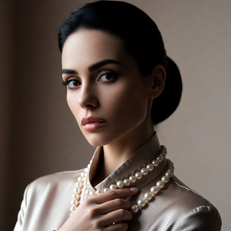 Woman holding pearl necklace Woman holding pearl necklace