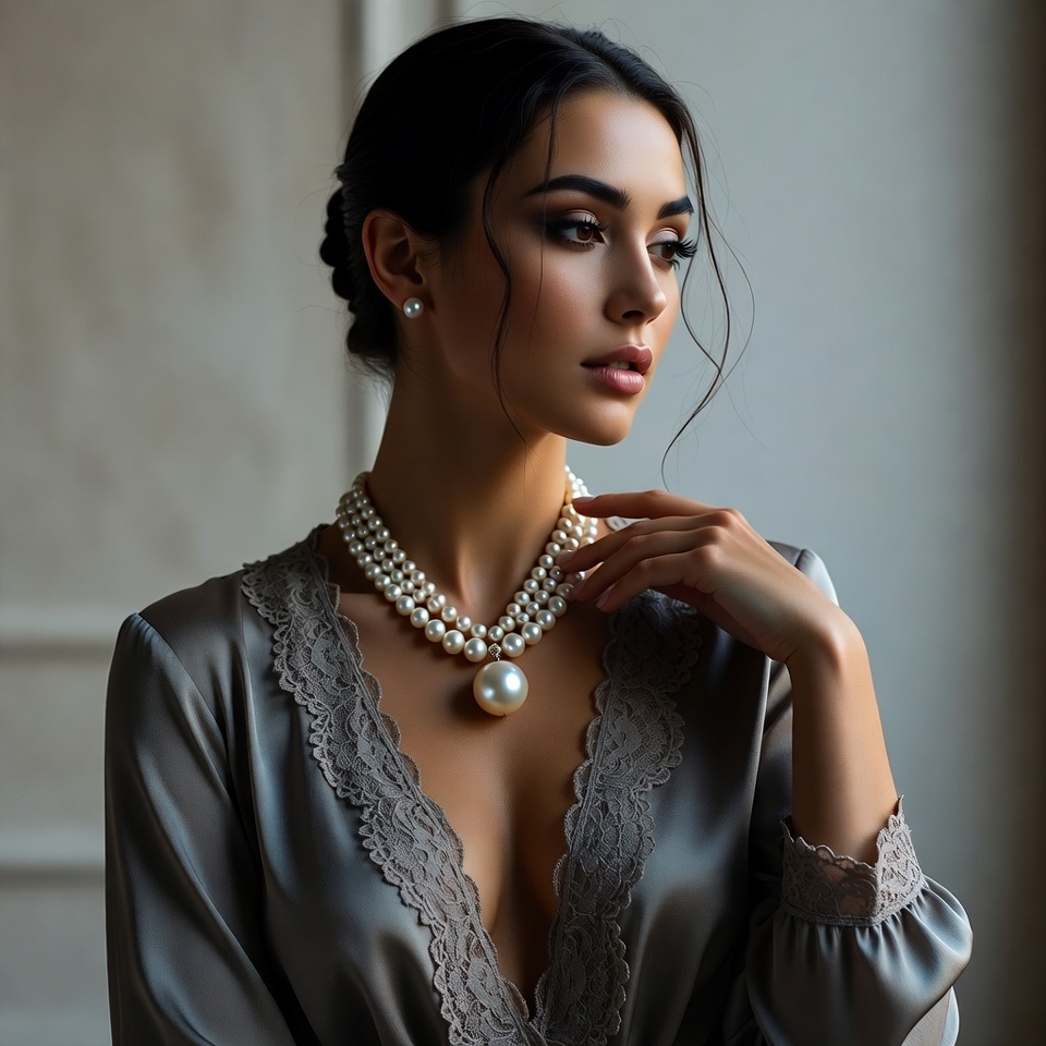 Woman wearing pearl necklace Woman wearing pearl necklace