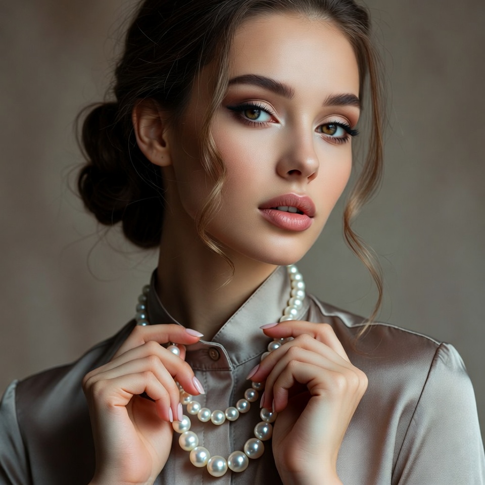 Woman holding pearl necklace Woman holding pearl necklace