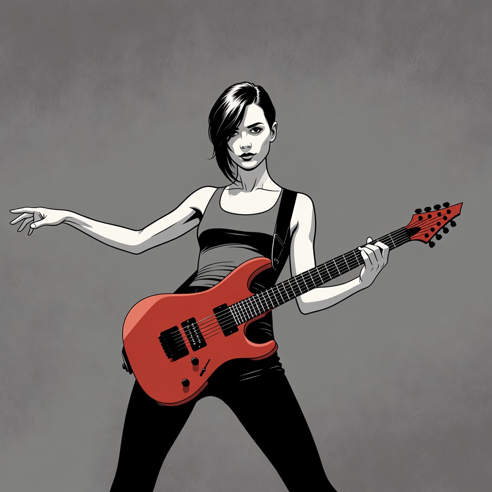 Woman playing red electric guitar Woman playing red electric guitar