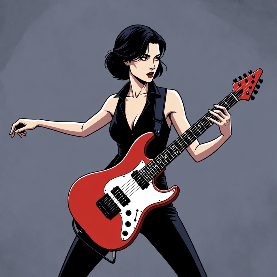 Woman playing red electric guitar Woman playing red electric guitar