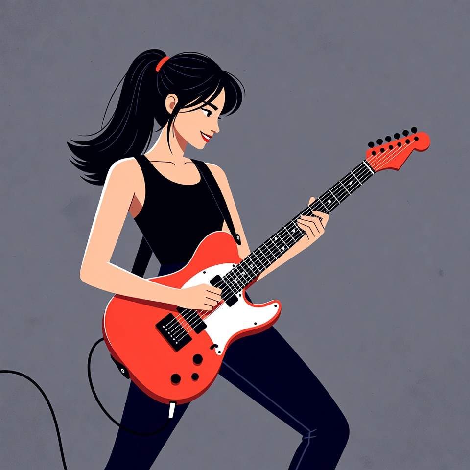 Asian woman playing red electric guitar Asian woman playing red electric guitar