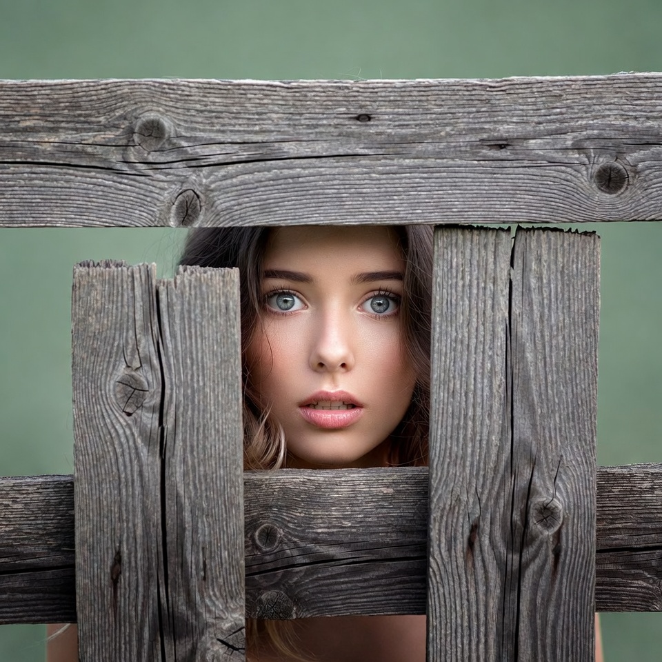 Woman peeking through wooden fence Woman peeking through wooden fence