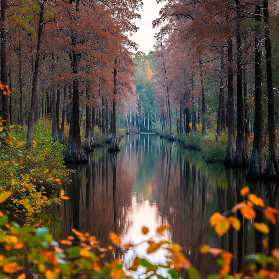 Autumn Bald Cypress Trees Lining Swamp Autumn Bald Cypress Trees Lining Swamp