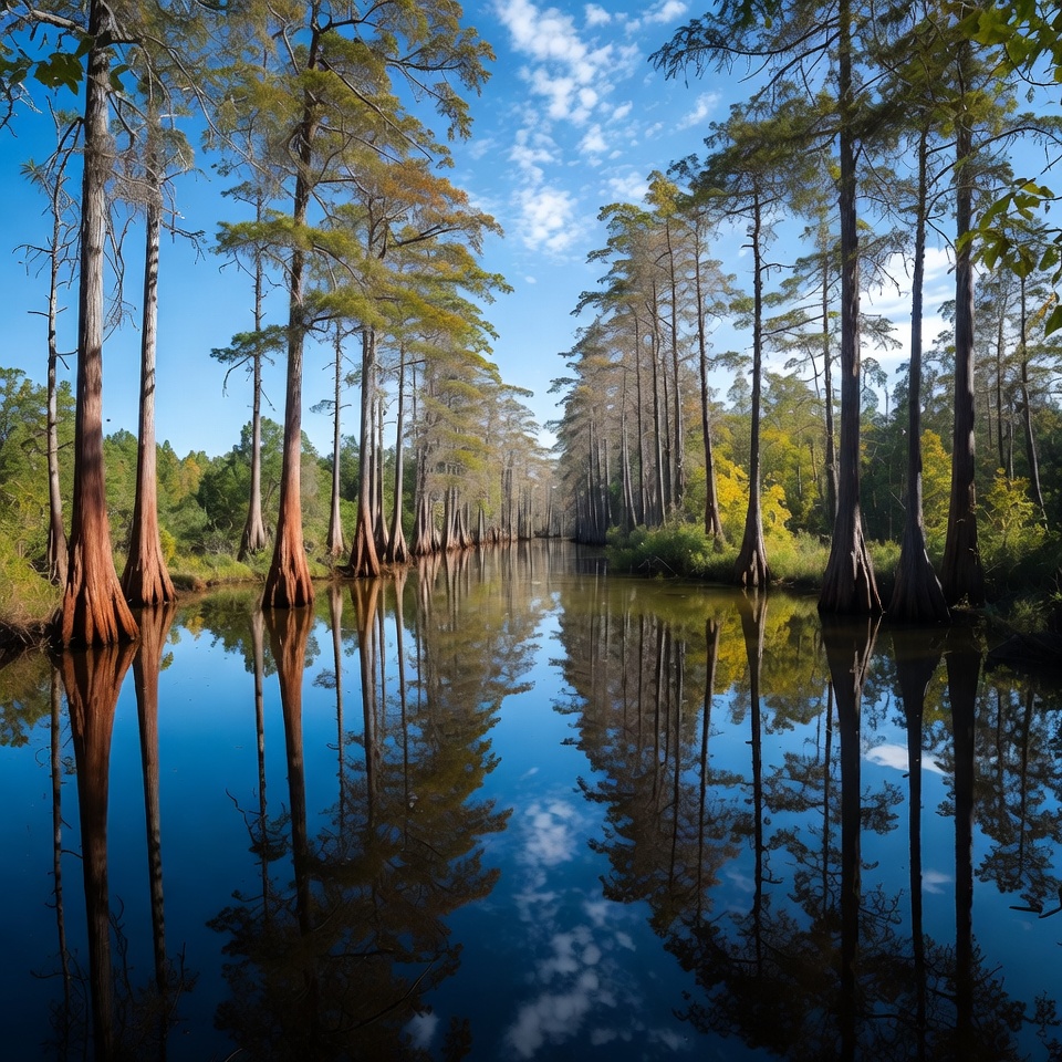 Cypress Trees Lining Swamp Canal Cypress Trees Lining Swamp Canal