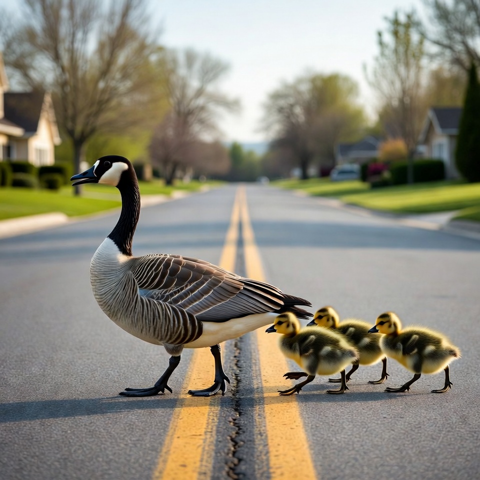 Canada Goose Leading Goslings on Road Canada Goose Leading Goslings on Road