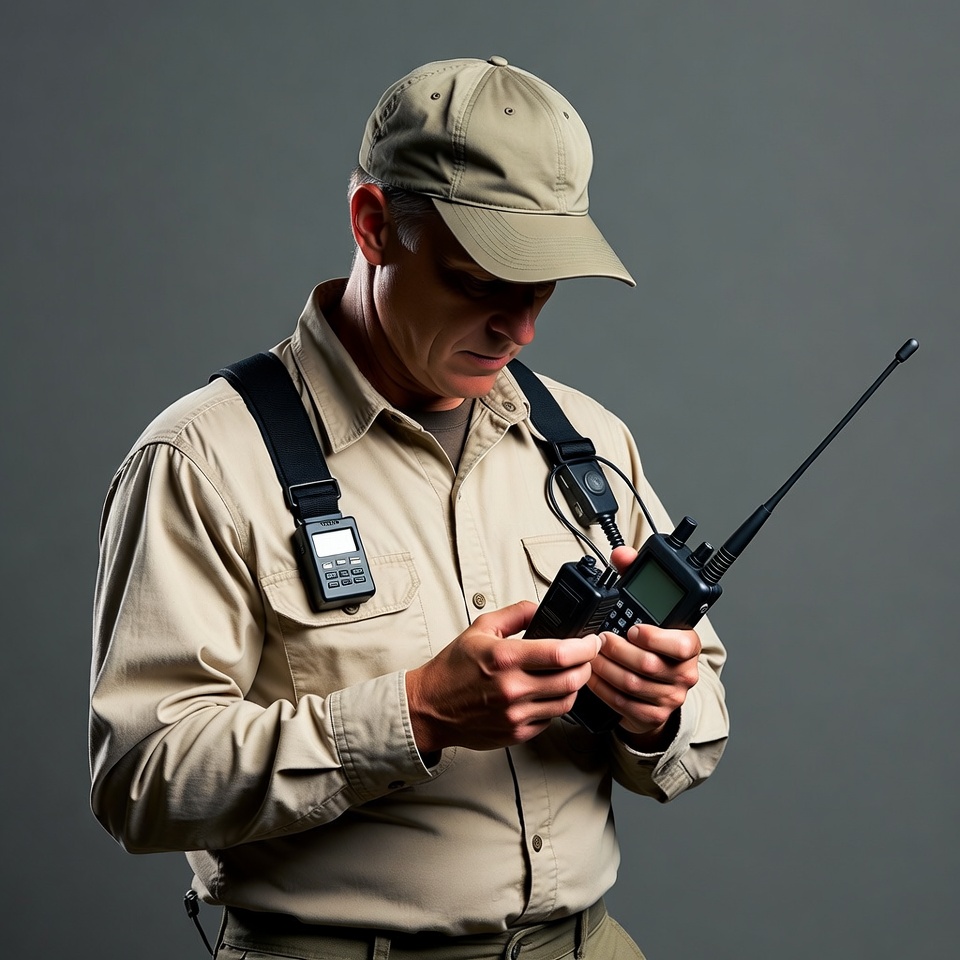 Man using handheld radio Man using handheld radio