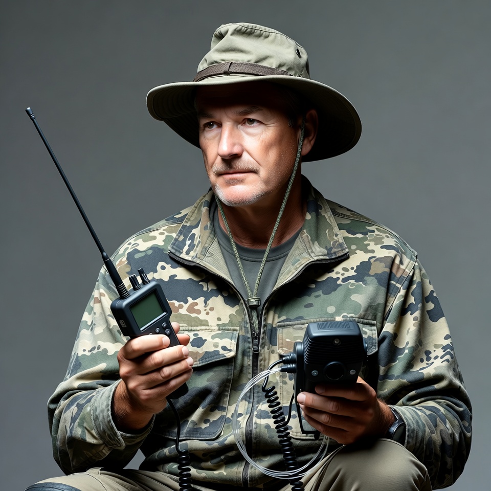 Man holding walkie-talkies in camouflage gear Man holding walkie-talkies in camouflage gear
