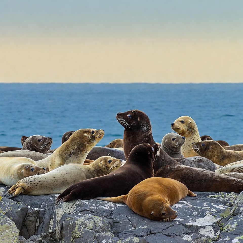 Group of sea lions on rocky ocean cliff Group of sea lions on rocky ocean cliff
