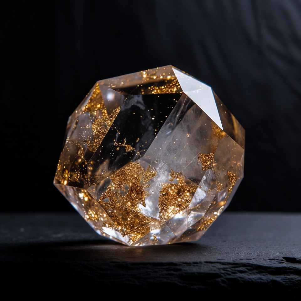 Gold flecks in clear crystal octahedron Gold flecks in clear crystal octahedron