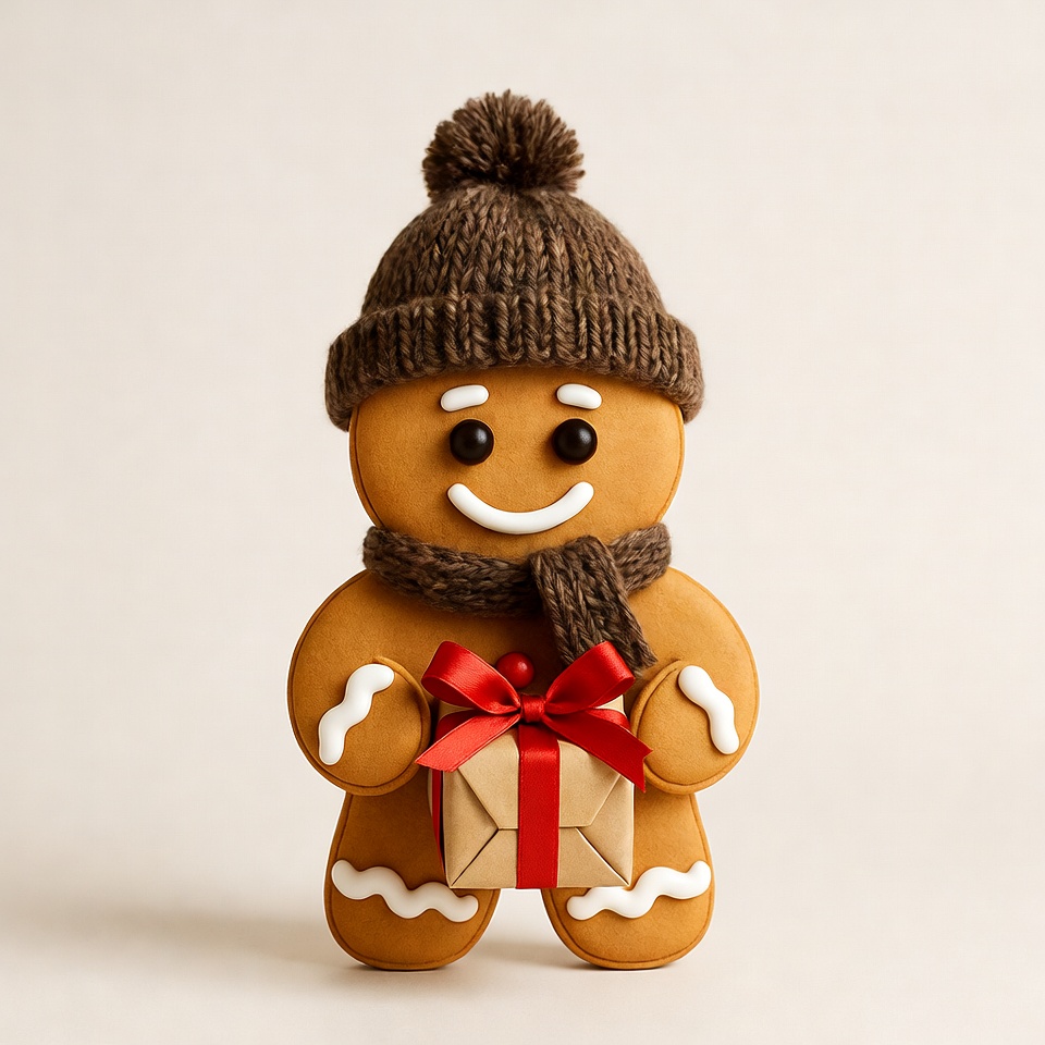 Gingerbread man holding red gift Gingerbread man holding red gift