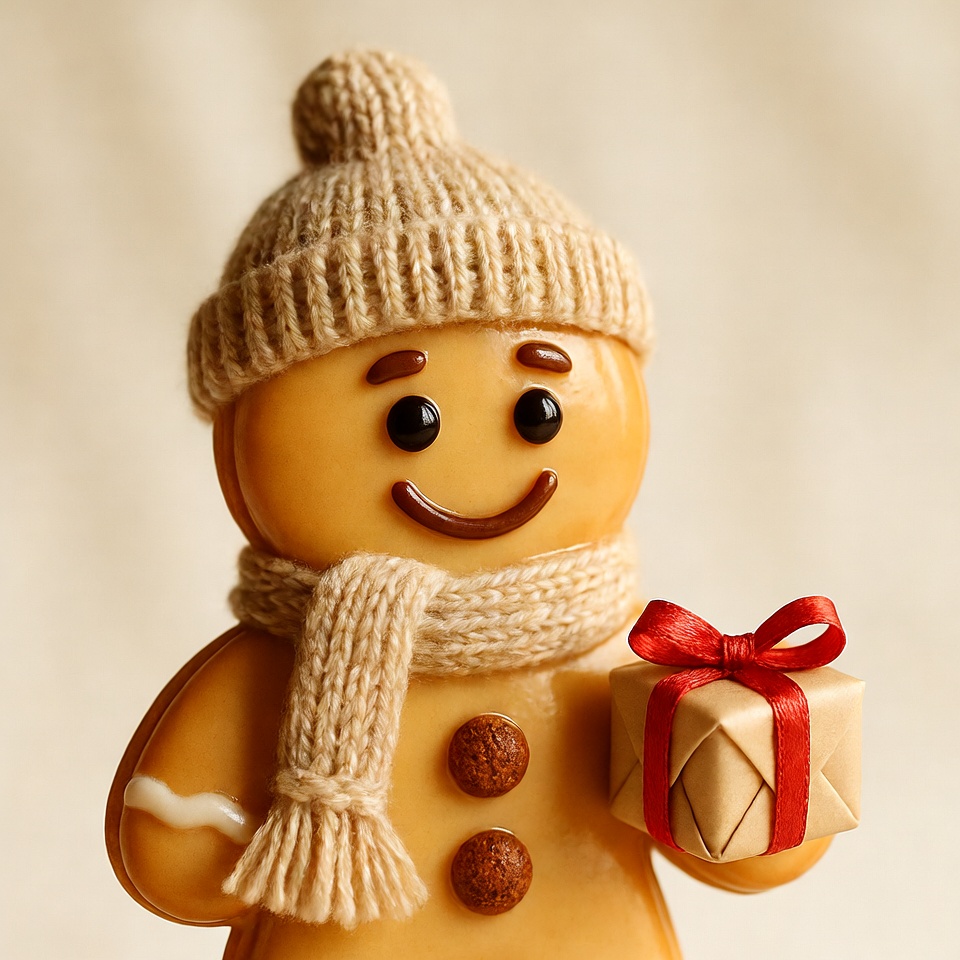 Gingerbread man holding Christmas gift Gingerbread man holding Christmas gift