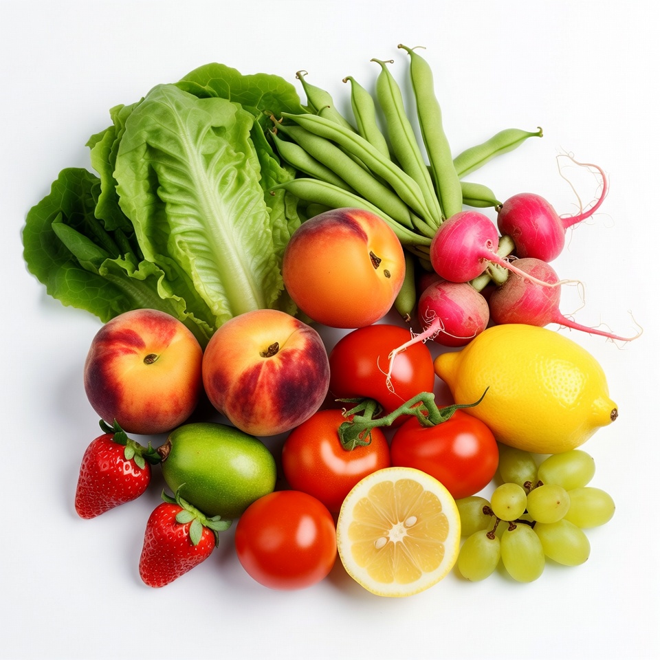 Fresh vegetables and fruits on white Fresh vegetables and fruits on white