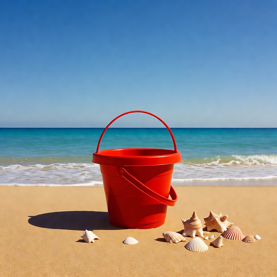 Red beach bucket with seashells Red beach bucket with seashells