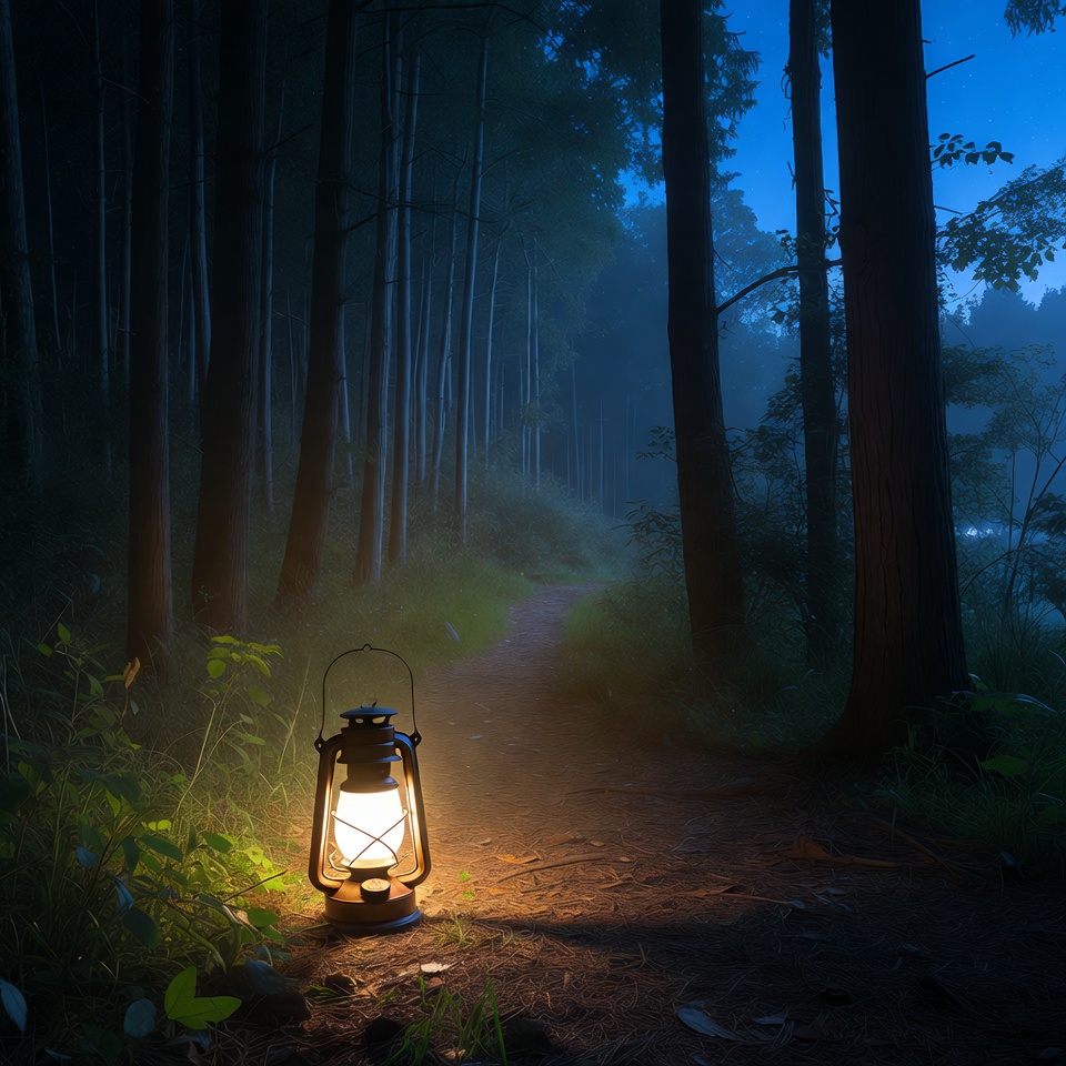Lantern on Forest Path at Night Lantern on Forest Path at Night