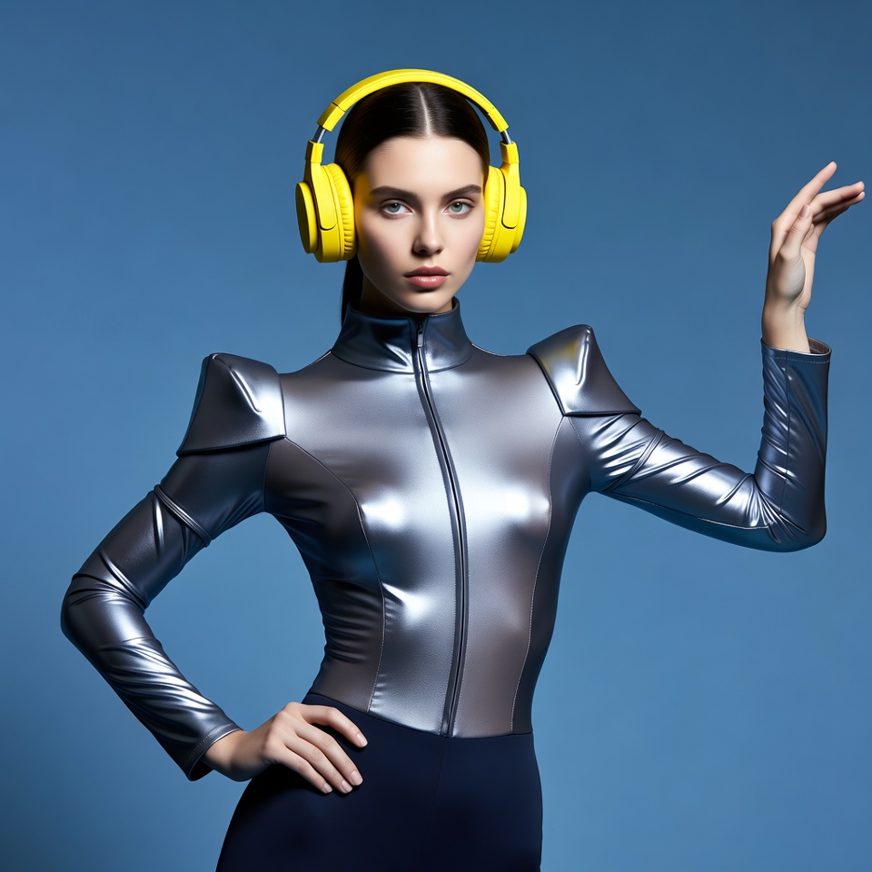 Woman in silver futuristic suit with yellow headphones Woman in silver futuristic suit with yellow headphones