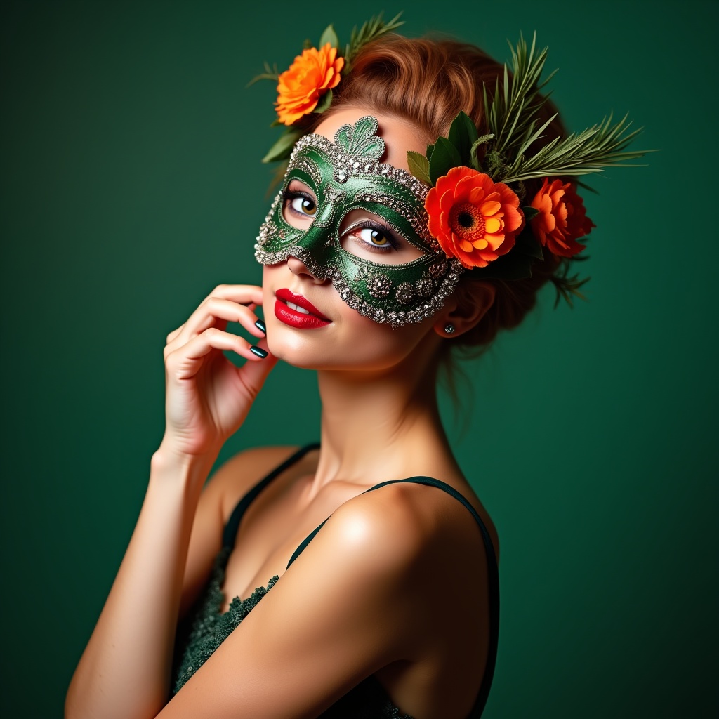 Woman in green floral masquerade mask Woman in green floral masquerade mask