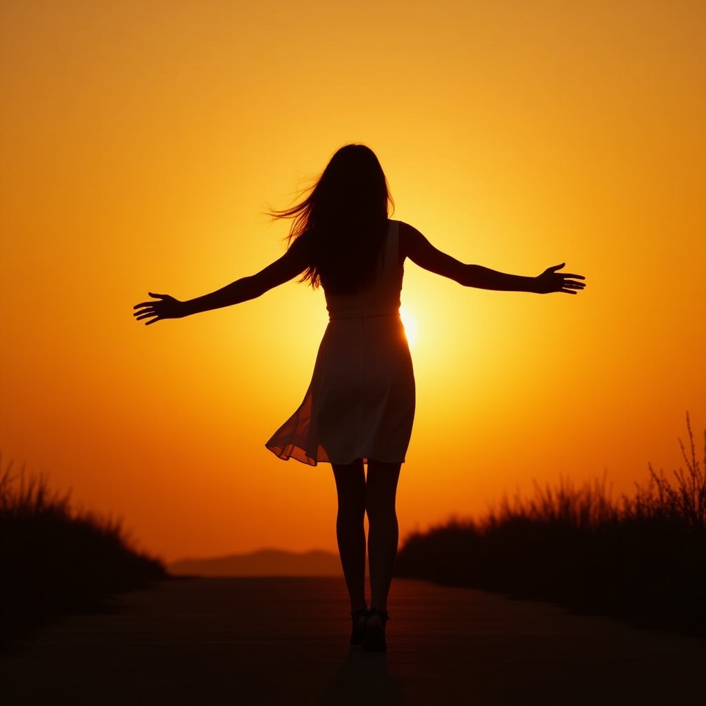 Woman spreading arms at sunset Woman spreading arms at sunset