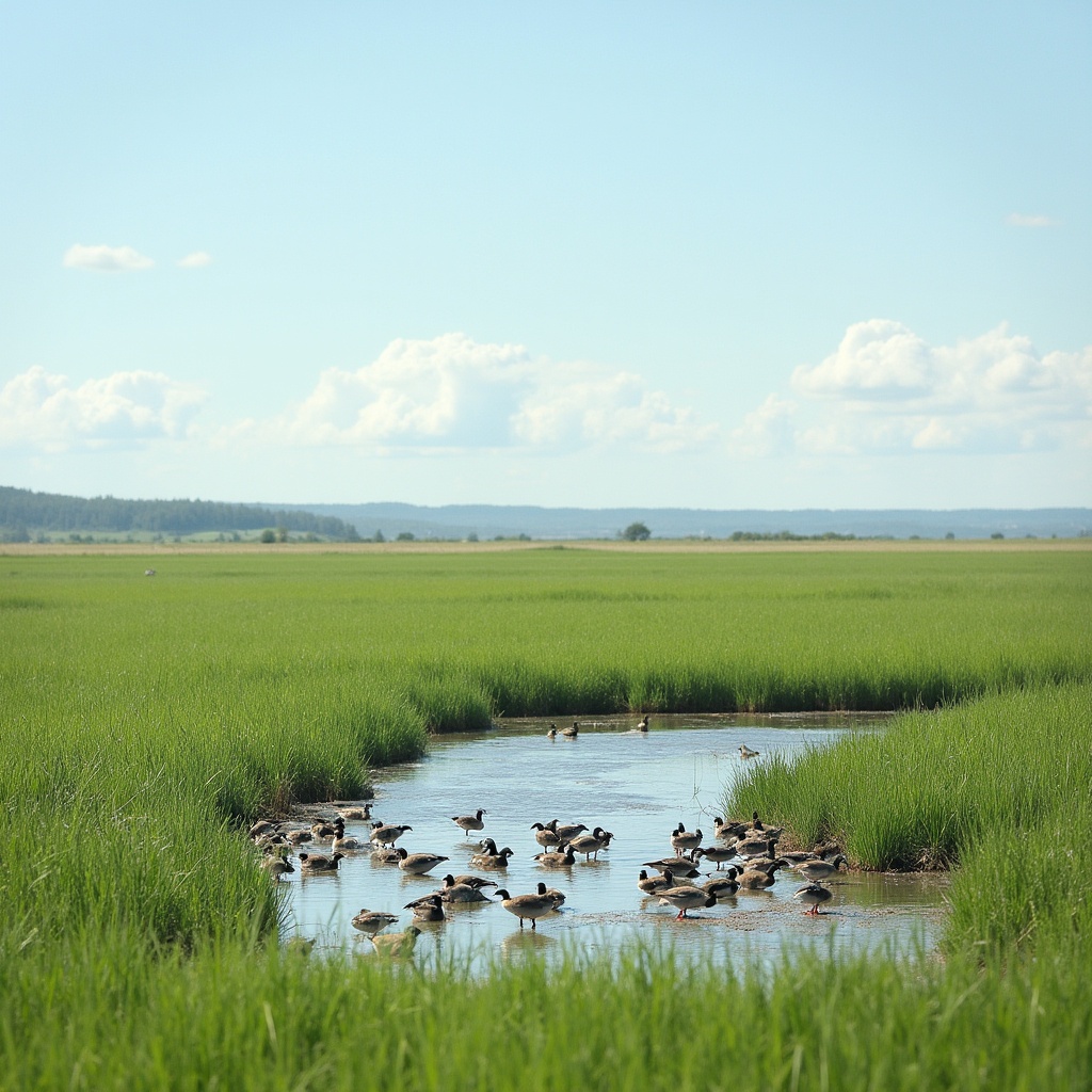 Geese flock in marsh pond Geese flock in marsh pond