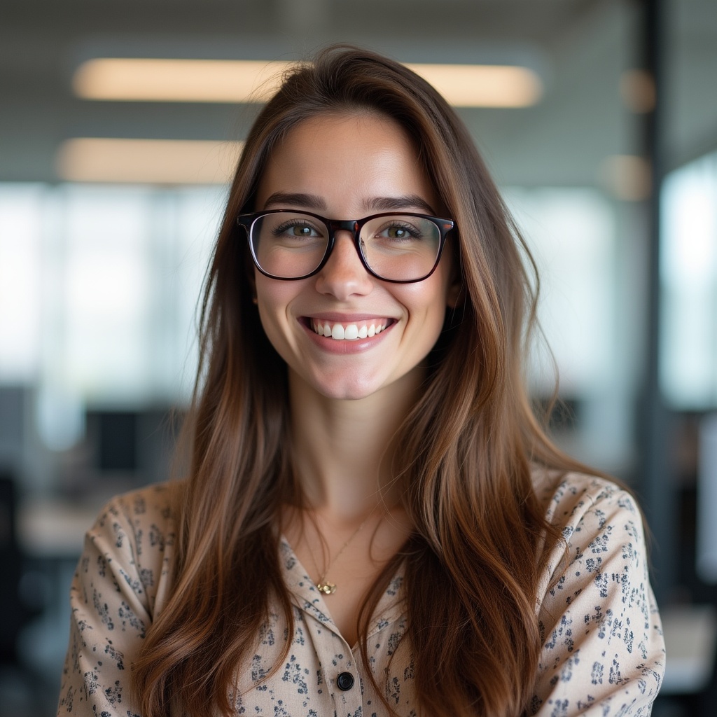 Smiling woman with glasses in office Smiling woman with glasses in office