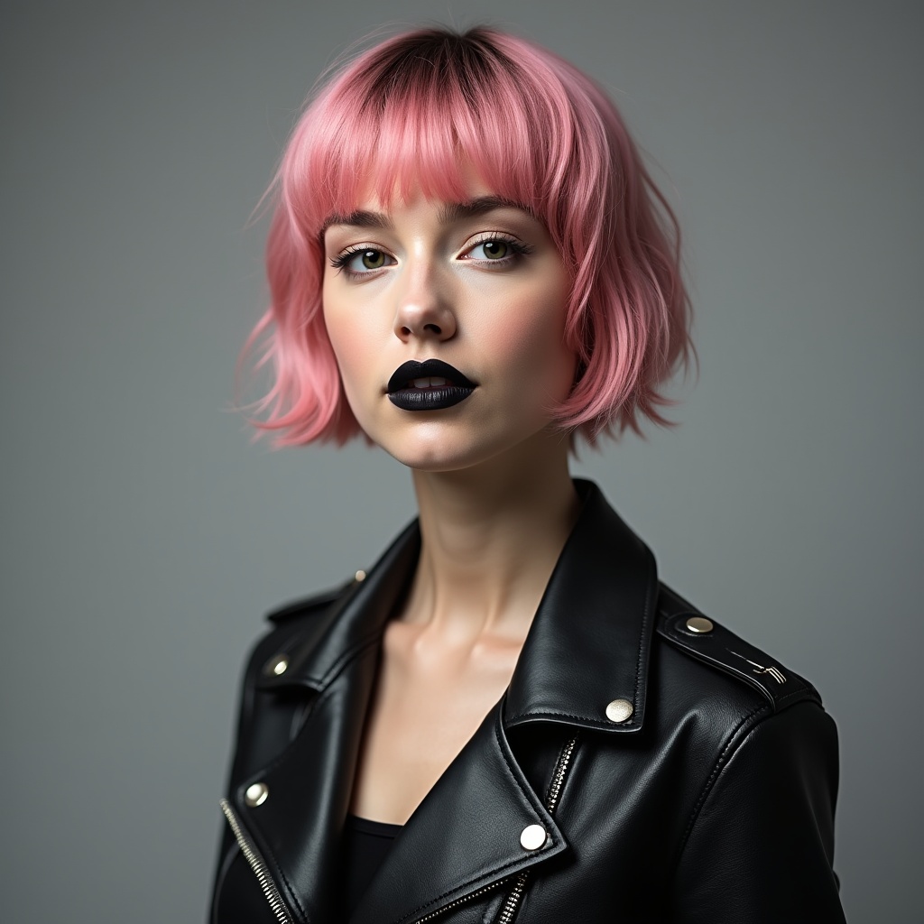 Woman with pink bob haircut and leather jacket Woman with pink bob haircut and leather jacket