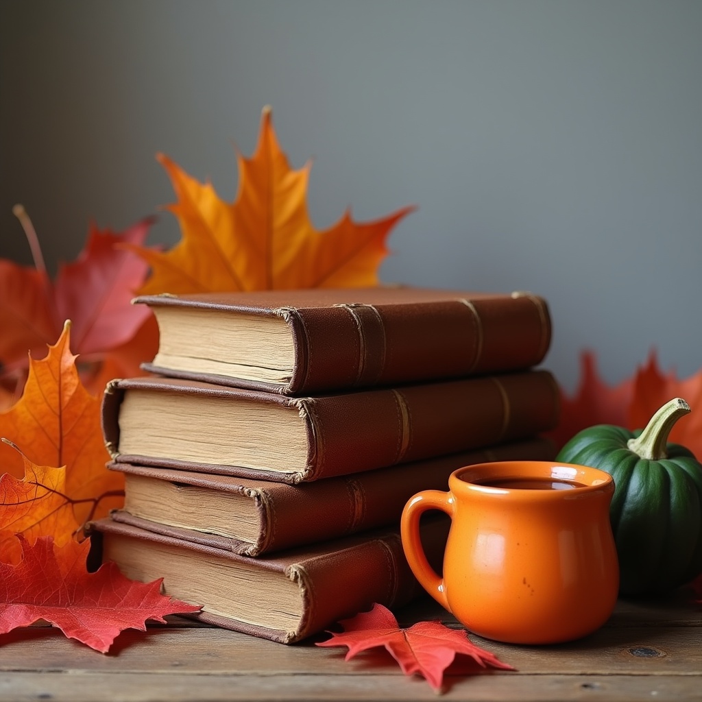 Stack of Books with Pumpkin and Fall Leaves Stack of Books with Pumpkin and Fall Leaves