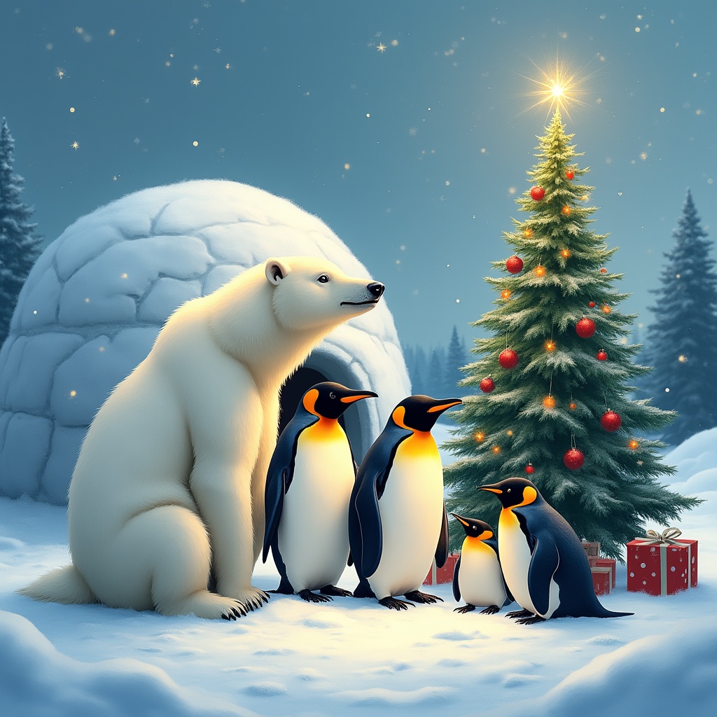Polar Bear and Penguins with Christmas Tree Polar Bear and Penguins with Christmas Tree
