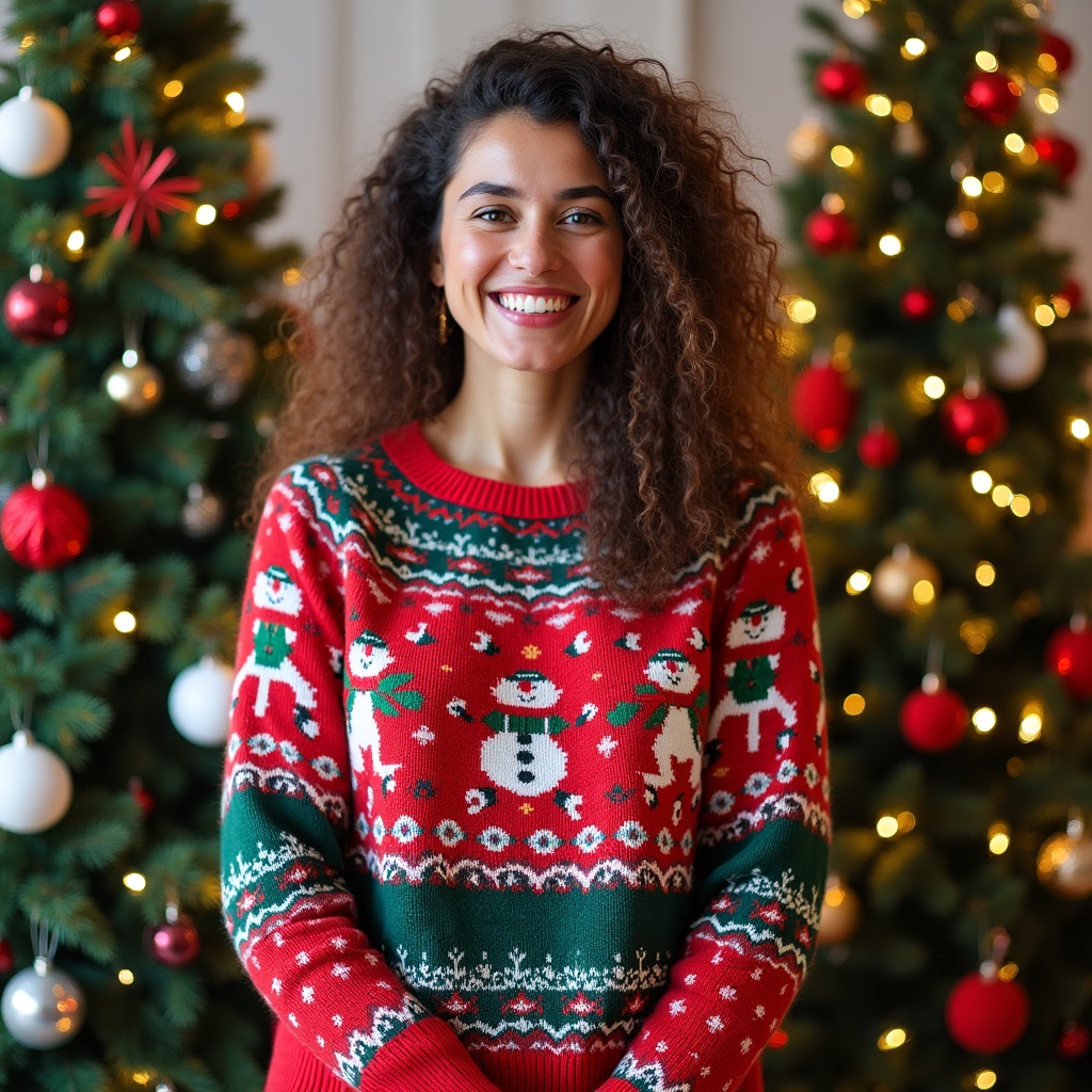 Woman smiling in ugly Christmas sweater Woman smiling in ugly Christmas sweater