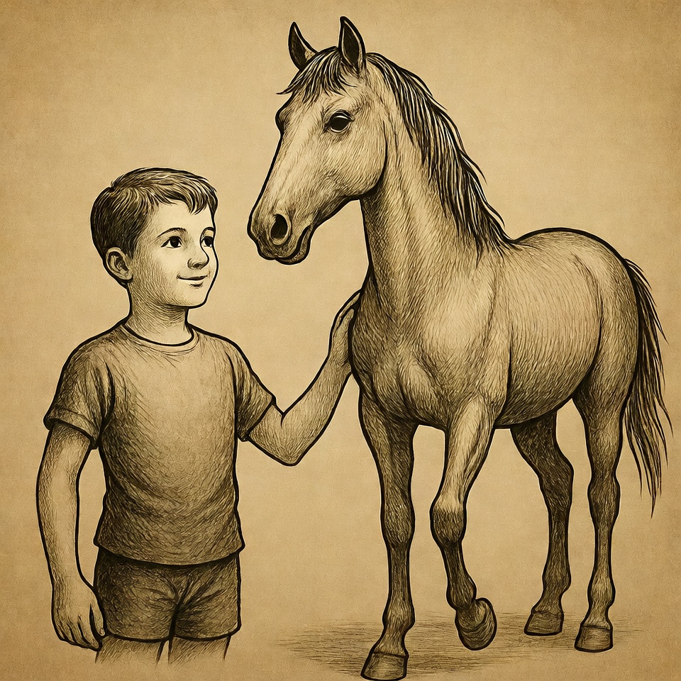 Boy petting horse illustration Boy petting horse illustration