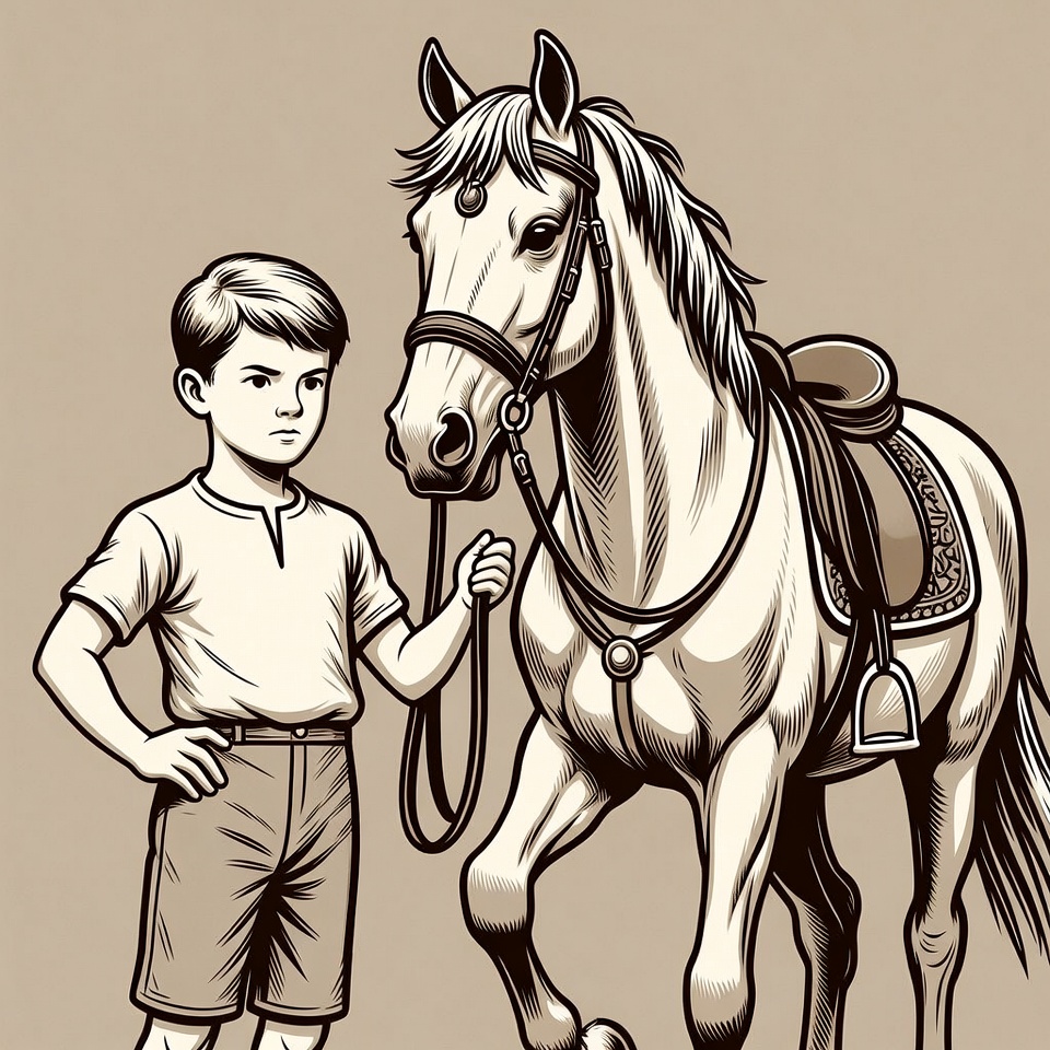 Boy holding reins of white horse Boy holding reins of white horse