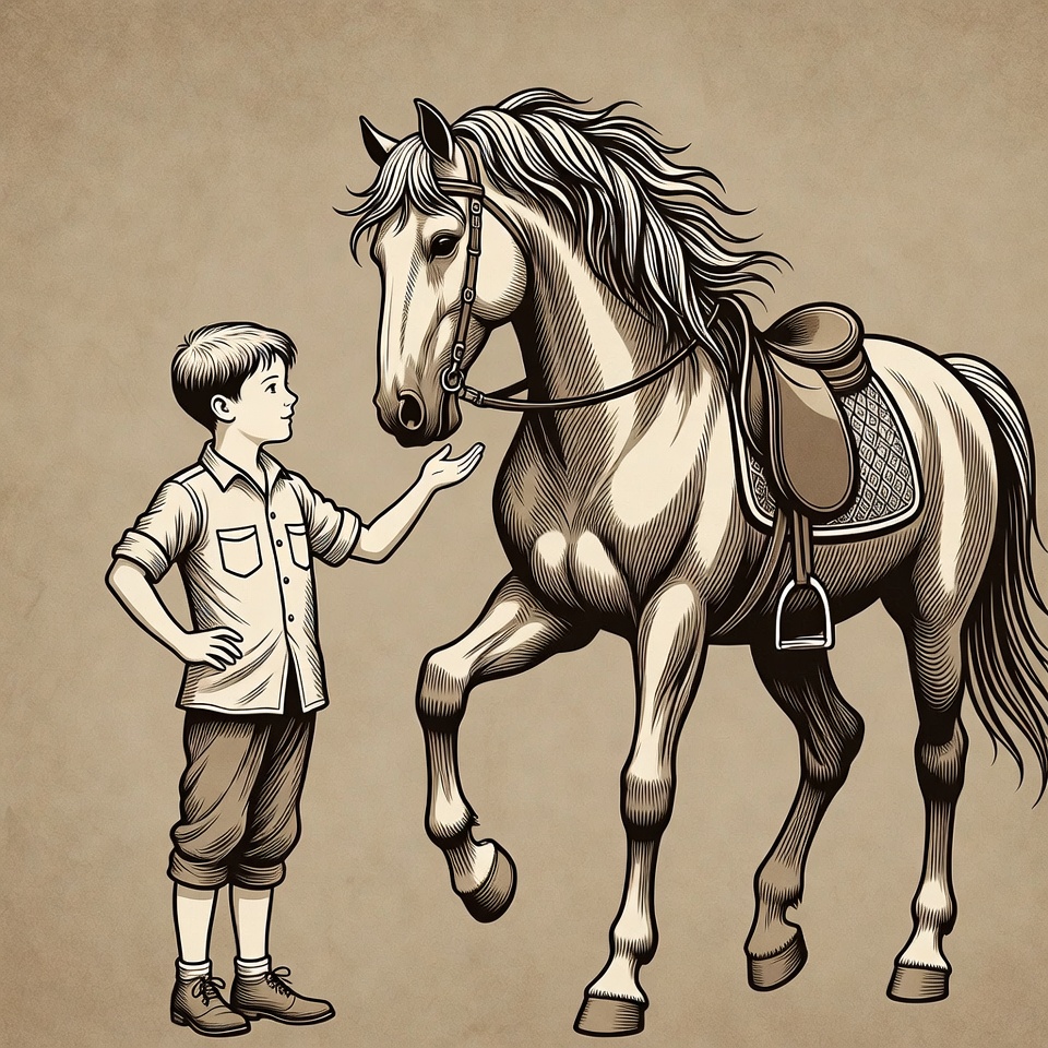 Boy petting saddled horse illustration Boy petting saddled horse illustration