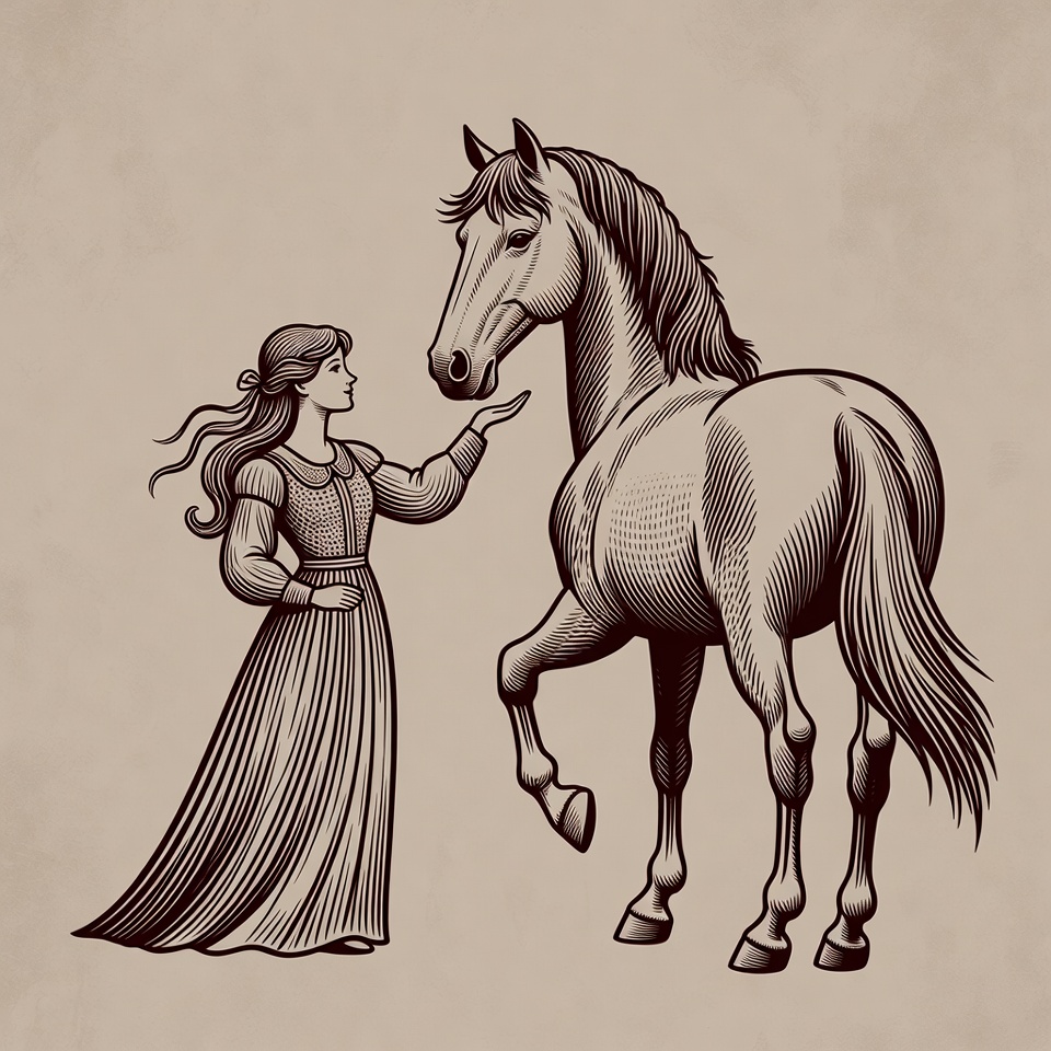 Woman petting horse illustration Woman petting horse illustration