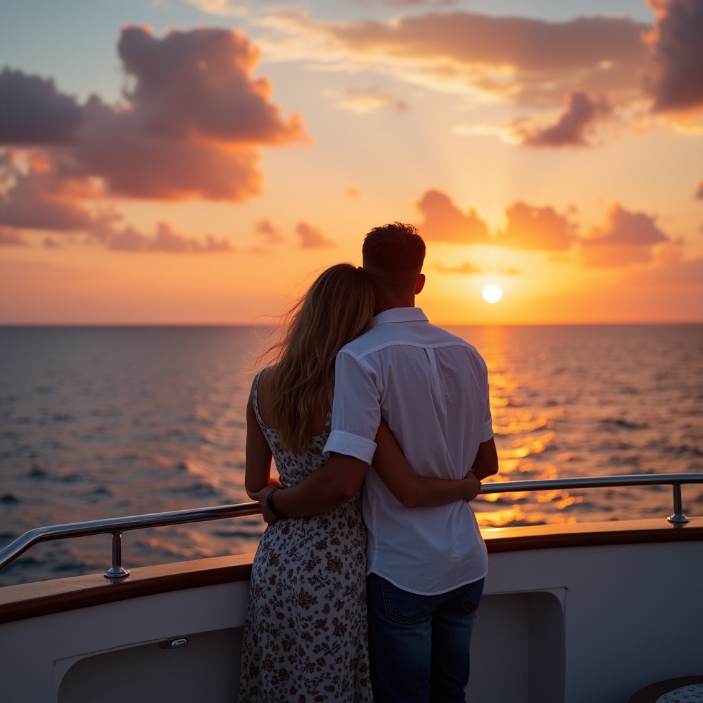 Couple embracing on yacht at sunset Couple embracing on yacht at sunset