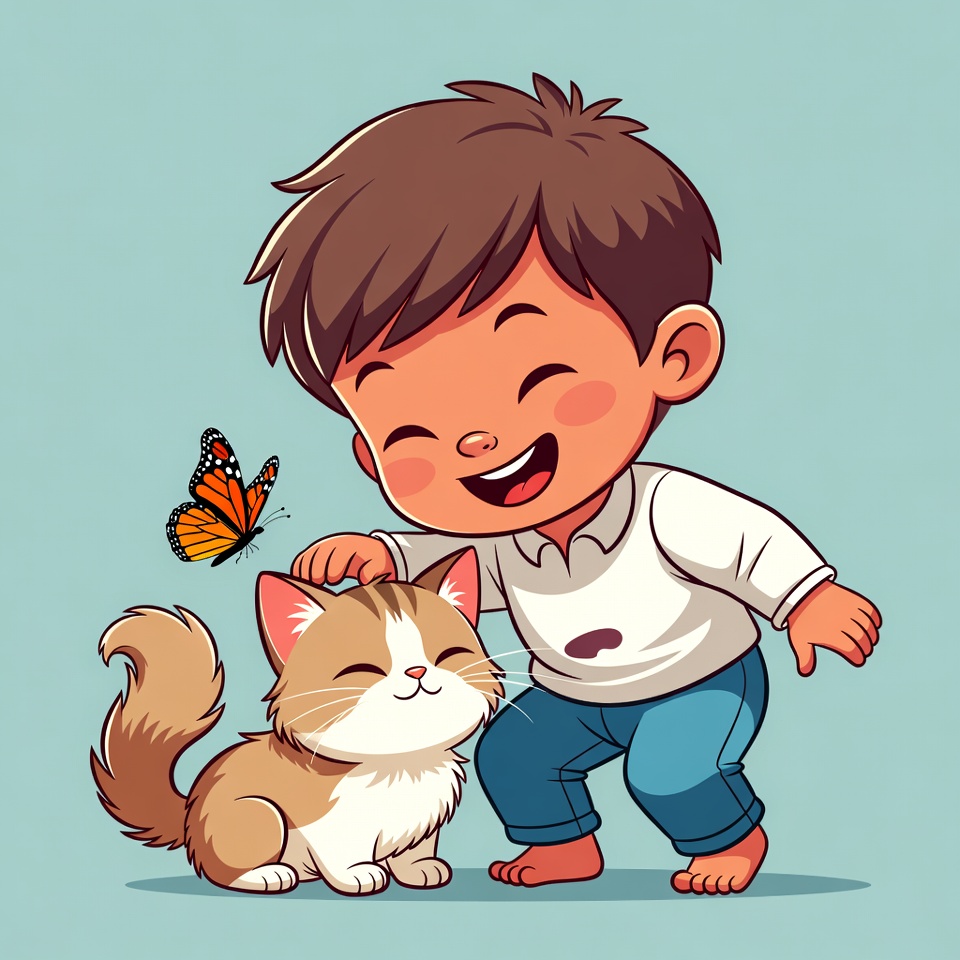 Boy petting cat with butterfly Boy petting cat with butterfly